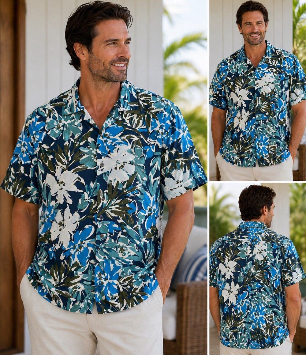 Perry Ellis Men’s XL Floral Button Up Shirt Blue Green Tropical 100% Viscose
